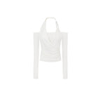 White/Black Cross Drape Halter Off Shoulder Slim Fit Long Sleeve Top - EveningVerse - 9