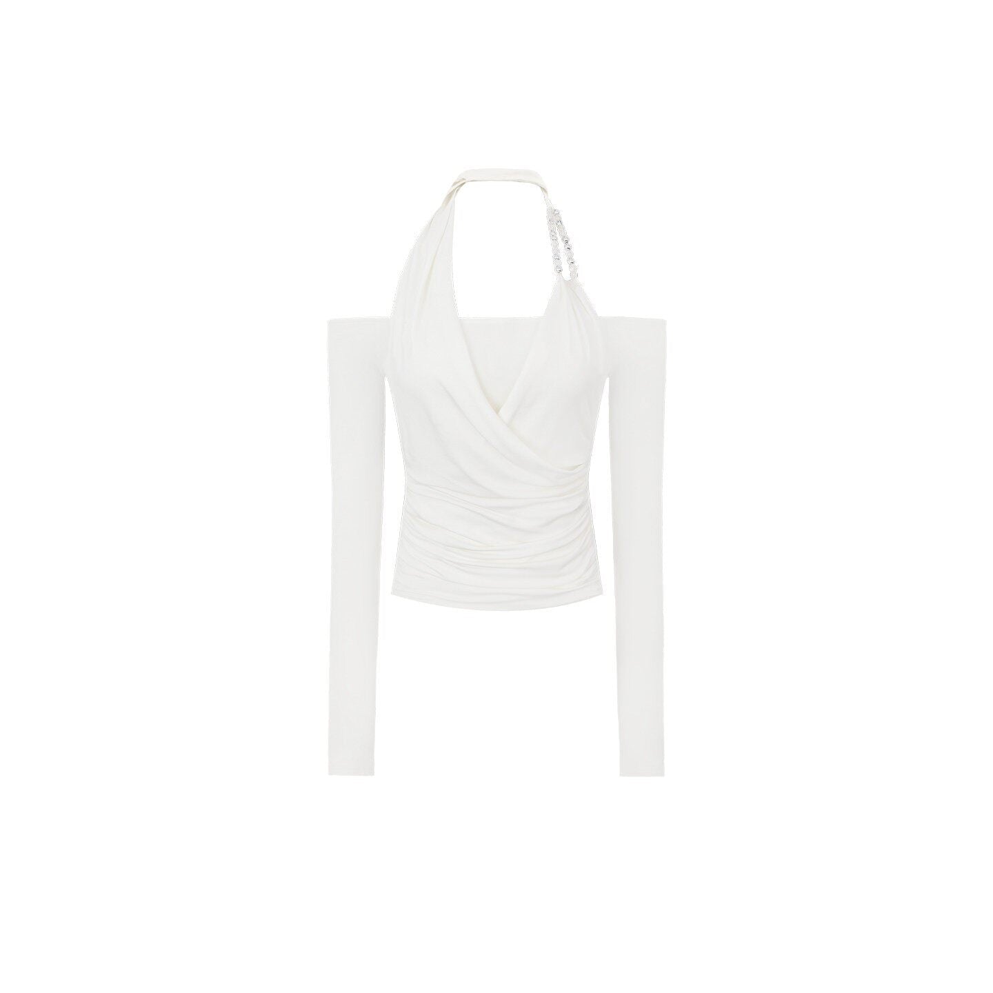 White/Black Cross Drape Halter Off Shoulder Slim Fit Long Sleeve Top - EveningVerse - 9