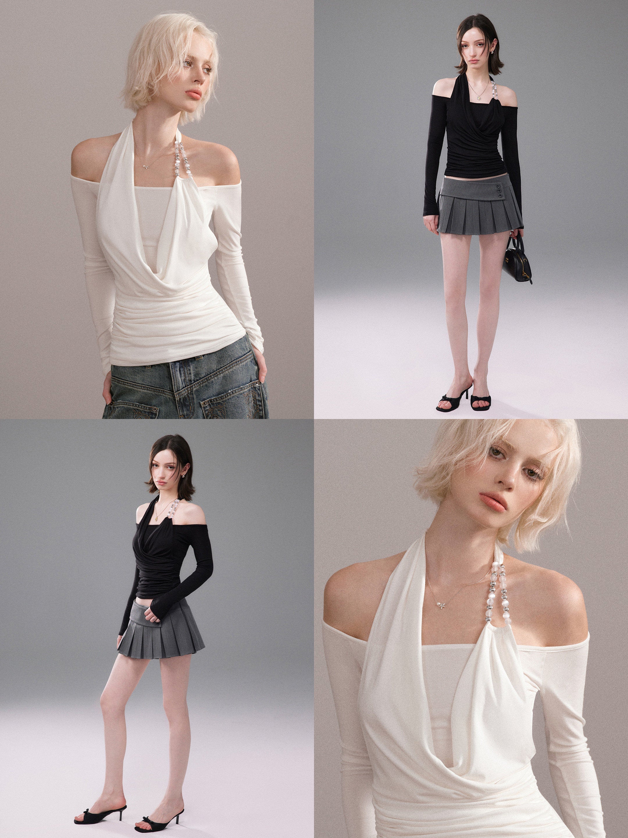 White/Black Cross Drape Halter Off Shoulder Slim Fit Long Sleeve Top - EveningVerse - 3