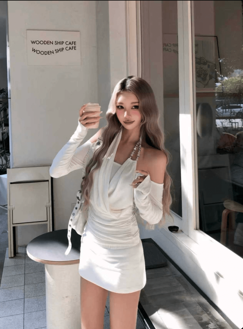 White/Black Cross Drape Halter Off Shoulder Slim Fit Long Sleeve Top - EveningVerse - 4