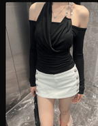 White/Black Cross Drape Halter Off Shoulder Slim Fit Long Sleeve Top - EveningVerse - 6