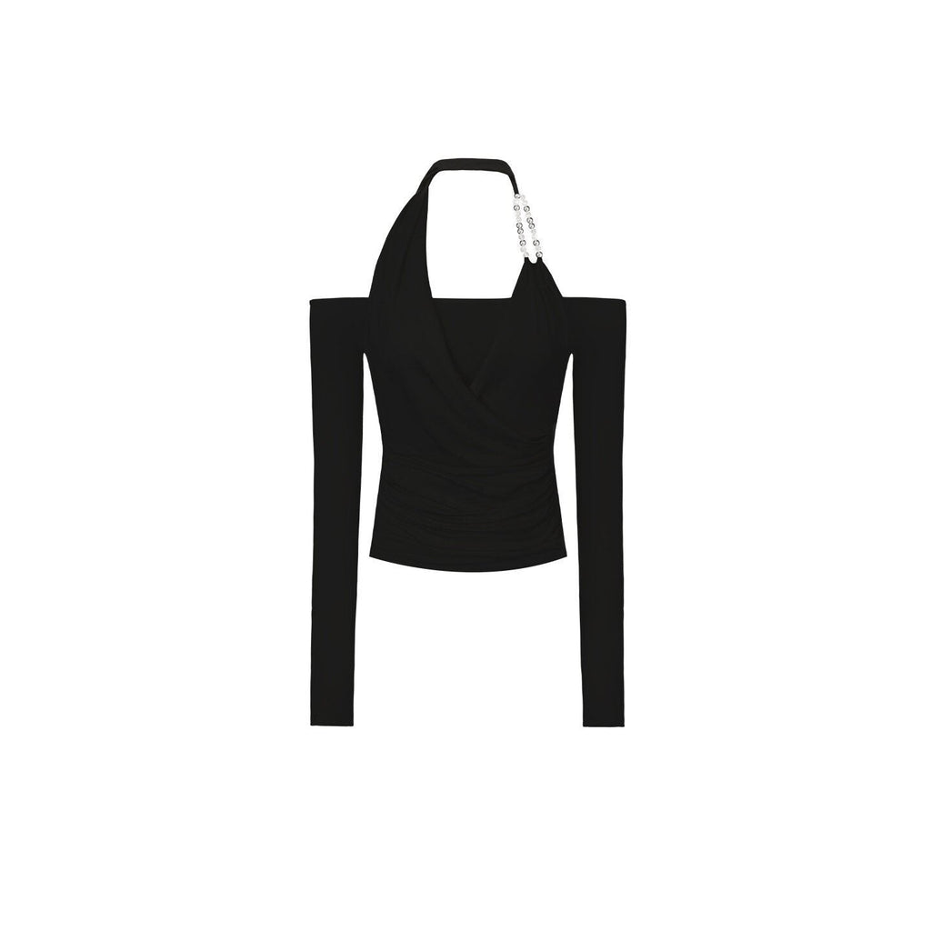 White/Black Cross Drape Halter Off Shoulder Slim Fit Long Sleeve Top - EveningVerse - 8