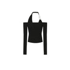 White/Black Cross Drape Halter Off Shoulder Slim Fit Long Sleeve Top - EveningVerse - 8