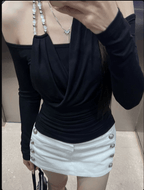White/Black Cross Drape Halter Off Shoulder Slim Fit Long Sleeve Top - EveningVerse - 7
