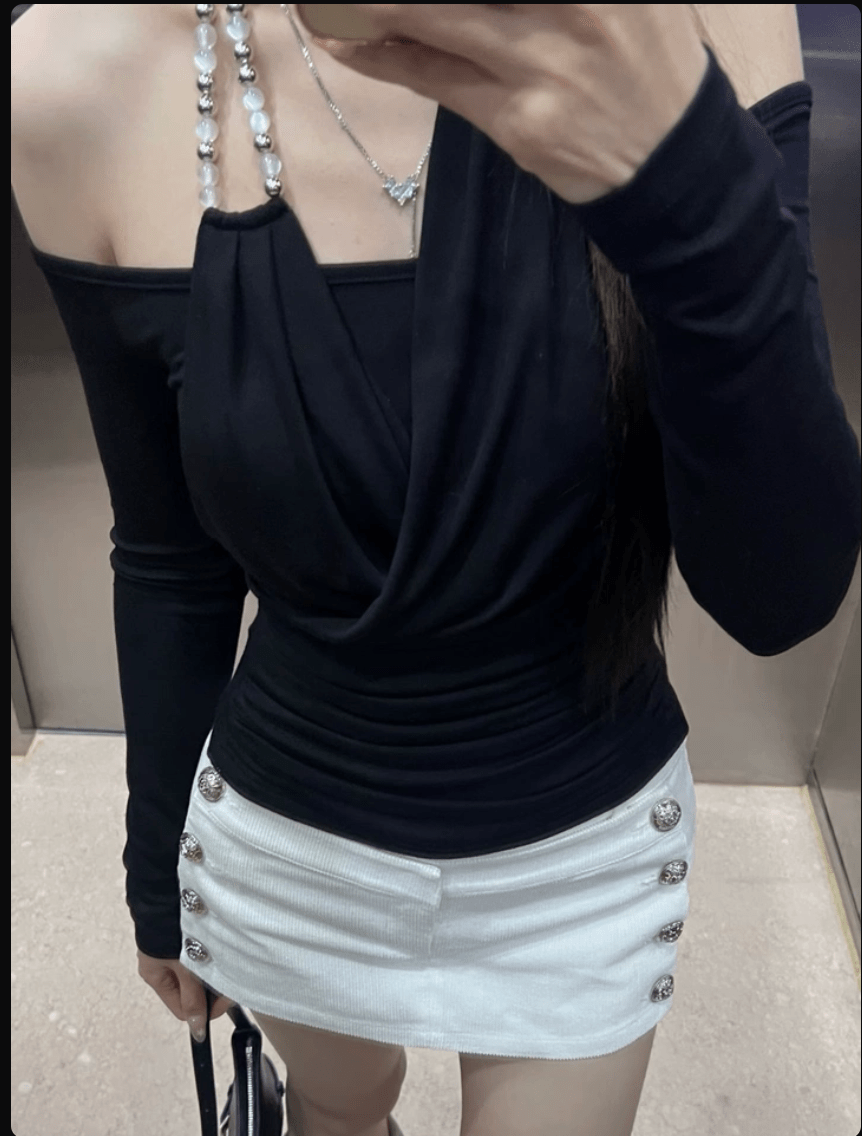 White/Black Cross Drape Halter Off Shoulder Slim Fit Long Sleeve Top - EveningVerse - 7