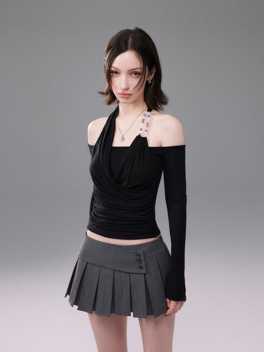 White/Black Cross Drape Halter Off Shoulder Slim Fit Long Sleeve Top - EveningVerse - 2