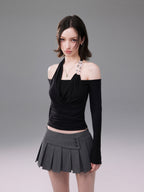 White/Black Cross Drape Halter Off Shoulder Slim Fit Long Sleeve Top - EveningVerse - 2
