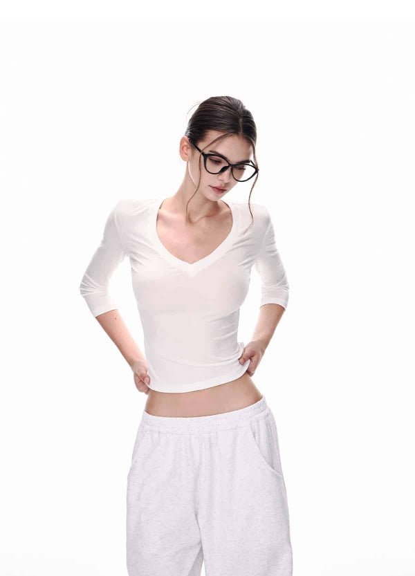 White/Black Lyocell V - Neck Multi Sleeve Slim Crop Top - EveningVerse - 1