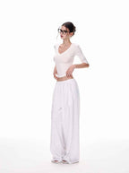 White/Black Lyocell V - Neck Multi Sleeve Slim Crop Top - EveningVerse - 2