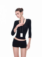 White/Black Lyocell V - Neck Multi Sleeve Slim Crop Top - EveningVerse - 6