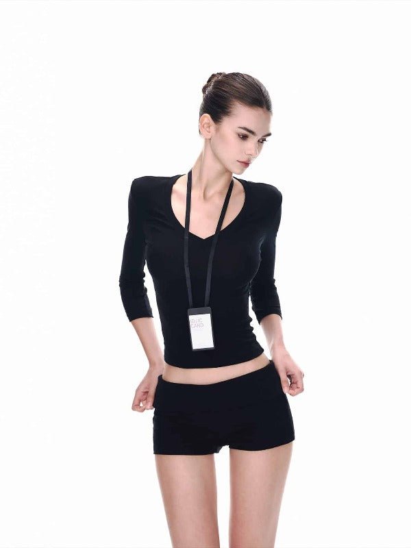 White/Black Lyocell V - Neck Multi Sleeve Slim Crop Top - EveningVerse - 12