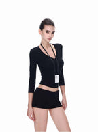 White/Black Lyocell V - Neck Multi Sleeve Slim Crop Top - EveningVerse - 5