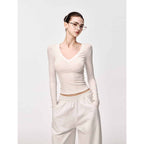 White/Black Lyocell V - Neck Multi Sleeve Slim Crop Top - EveningVerse - 13