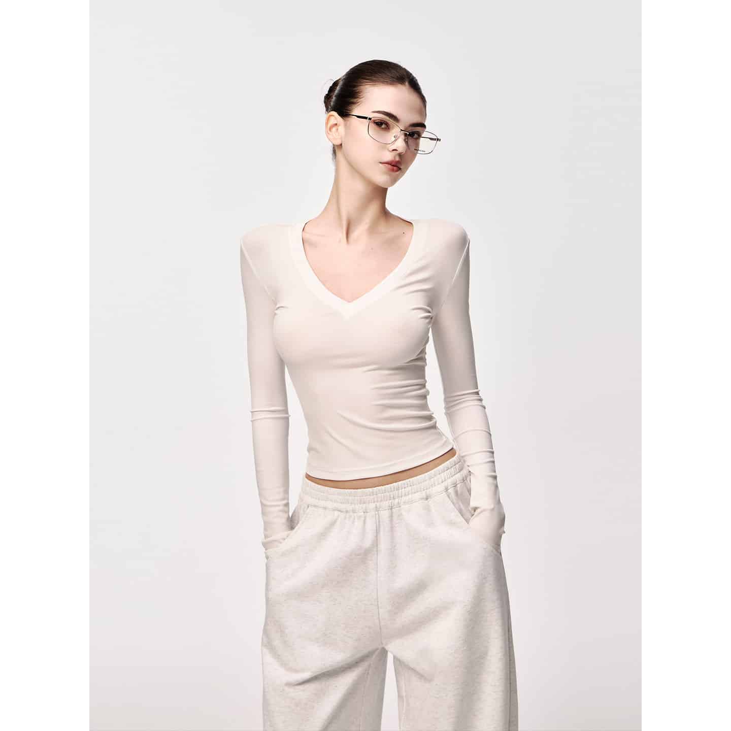 White/Black Lyocell V - Neck Multi Sleeve Slim Crop Top - EveningVerse - 13