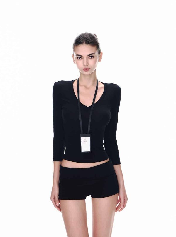 White/Black Lyocell V - Neck Multi Sleeve Slim Crop Top - EveningVerse - 3