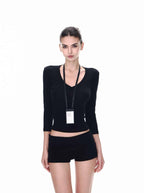 White/Black Lyocell V - Neck Multi Sleeve Slim Crop Top - EveningVerse - 3