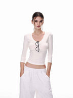 White/Black Lyocell V - Neck Multi Sleeve Slim Crop Top - EveningVerse - 8