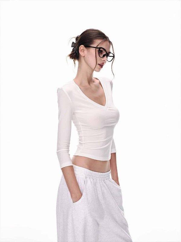 White/Black Lyocell V - Neck Multi Sleeve Slim Crop Top - EveningVerse - 9