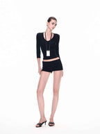 White/Black Lyocell V - Neck Multi Sleeve Slim Crop Top - EveningVerse - 4