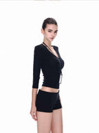 White/Black Lyocell V - Neck Multi Sleeve Slim Crop Top - EveningVerse - 7