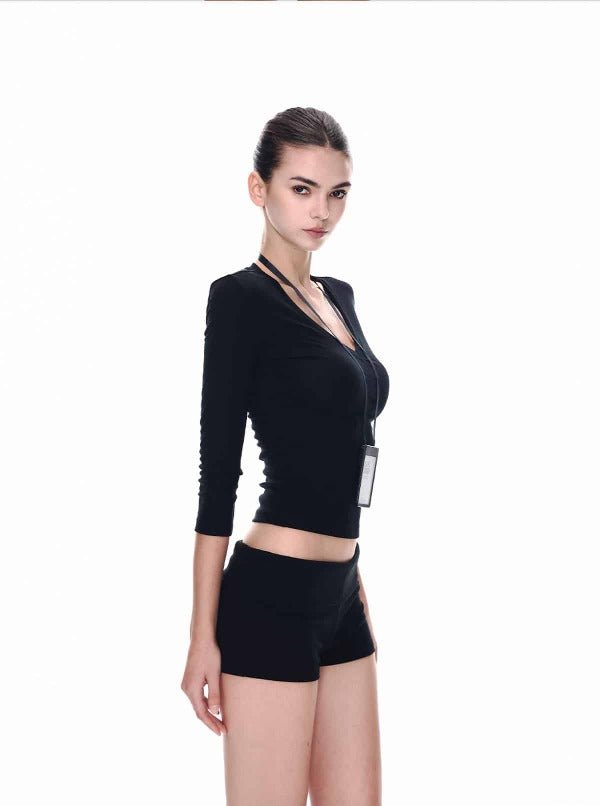 White/Black Lyocell V - Neck Multi Sleeve Slim Crop Top - EveningVerse - 7