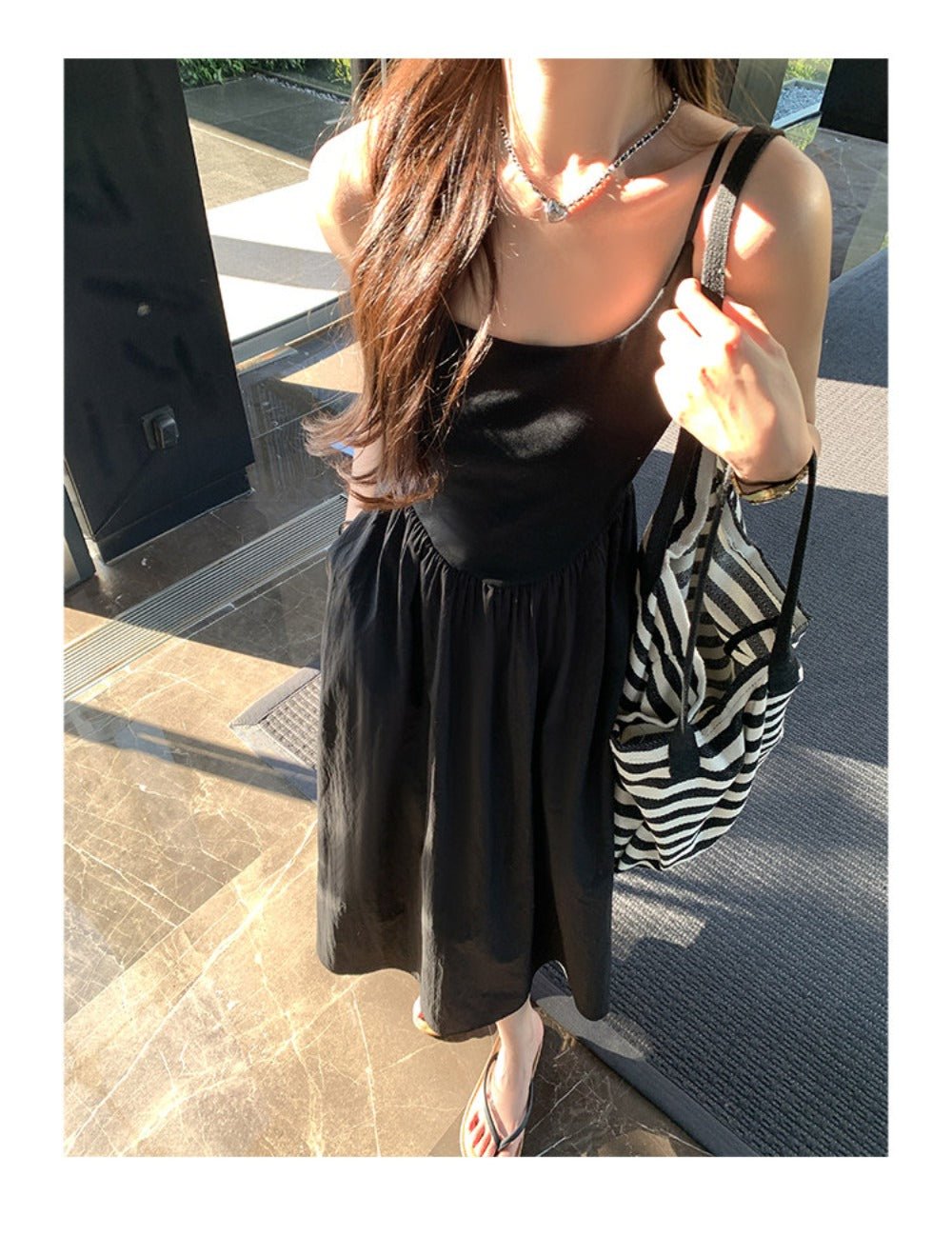 White/Black Spaghetti Strap Round Neck High Waist A - Line Maxi Dress - EveningVerse - 11