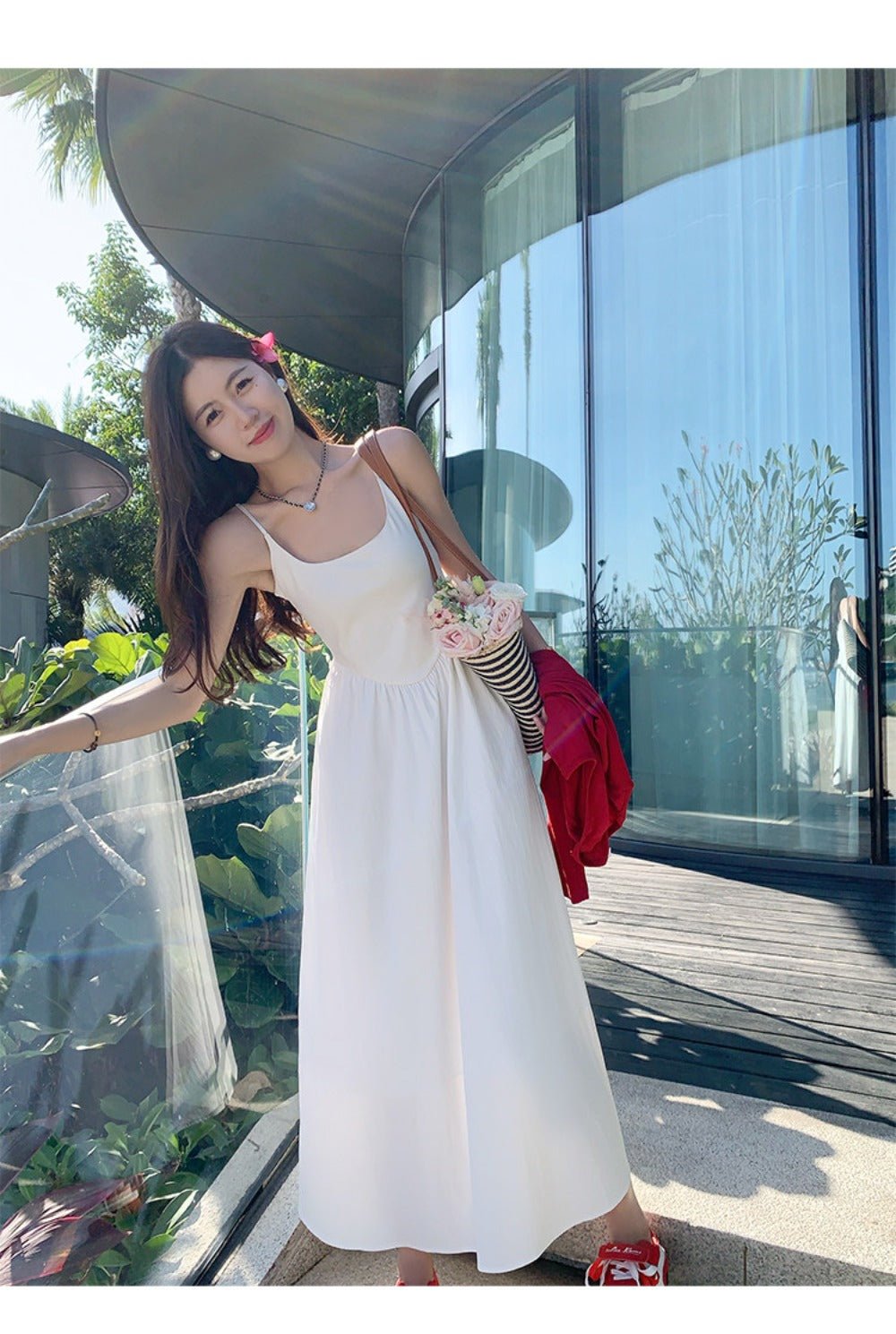 White/Black Spaghetti Strap Round Neck High Waist A - Line Maxi Dress - EveningVerse - 8