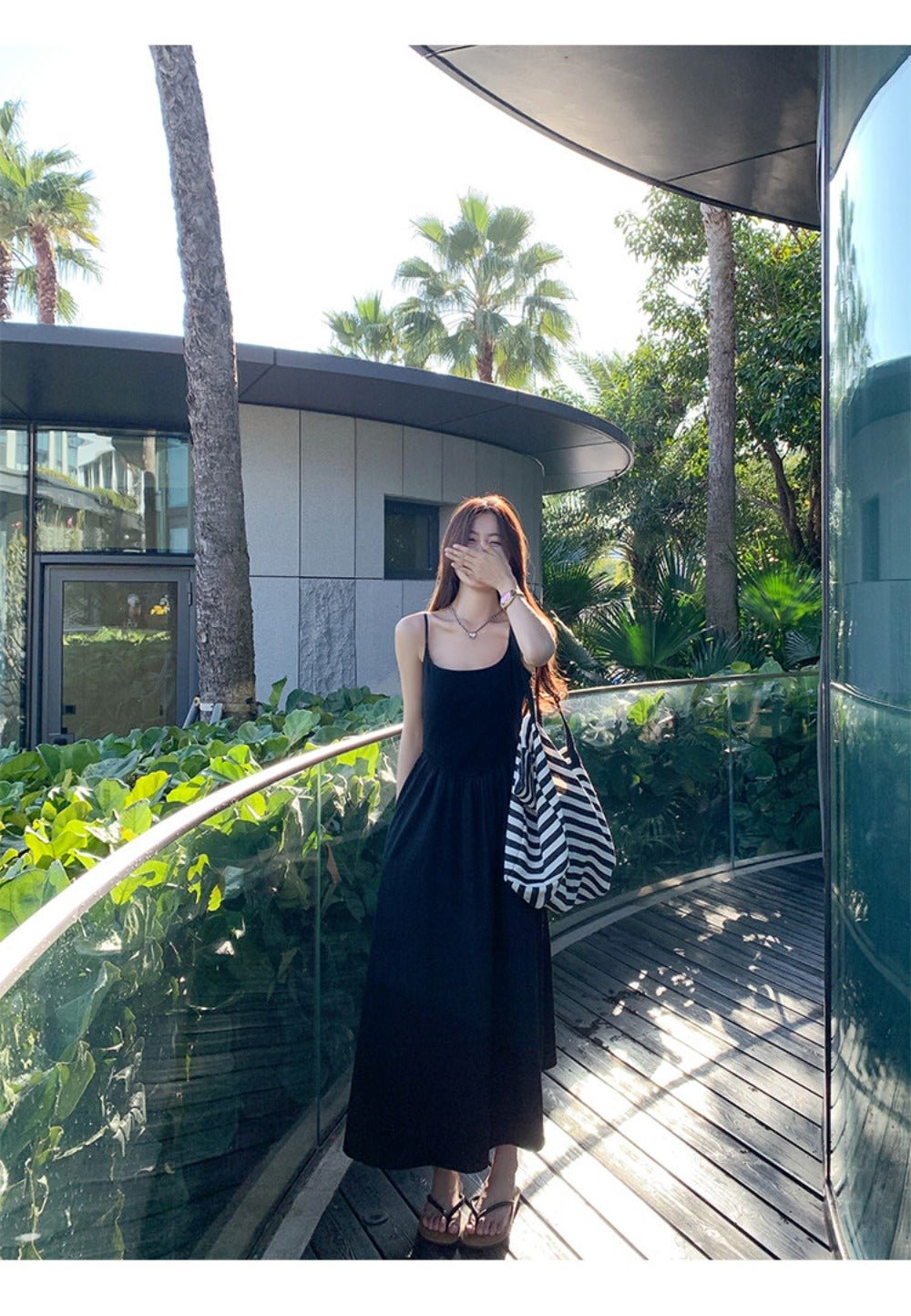 White/Black Spaghetti Strap Round Neck High Waist A - Line Maxi Dress - EveningVerse - 9