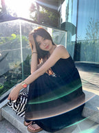 White/Black Spaghetti Strap Round Neck High Waist A - Line Maxi Dress - EveningVerse - 5
