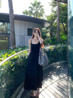 White/Black Spaghetti Strap Round Neck High Waist A - Line Maxi Dress - EveningVerse - 4