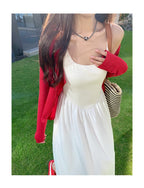 White/Black Spaghetti Strap Round Neck High Waist A - Line Maxi Dress - EveningVerse - 6