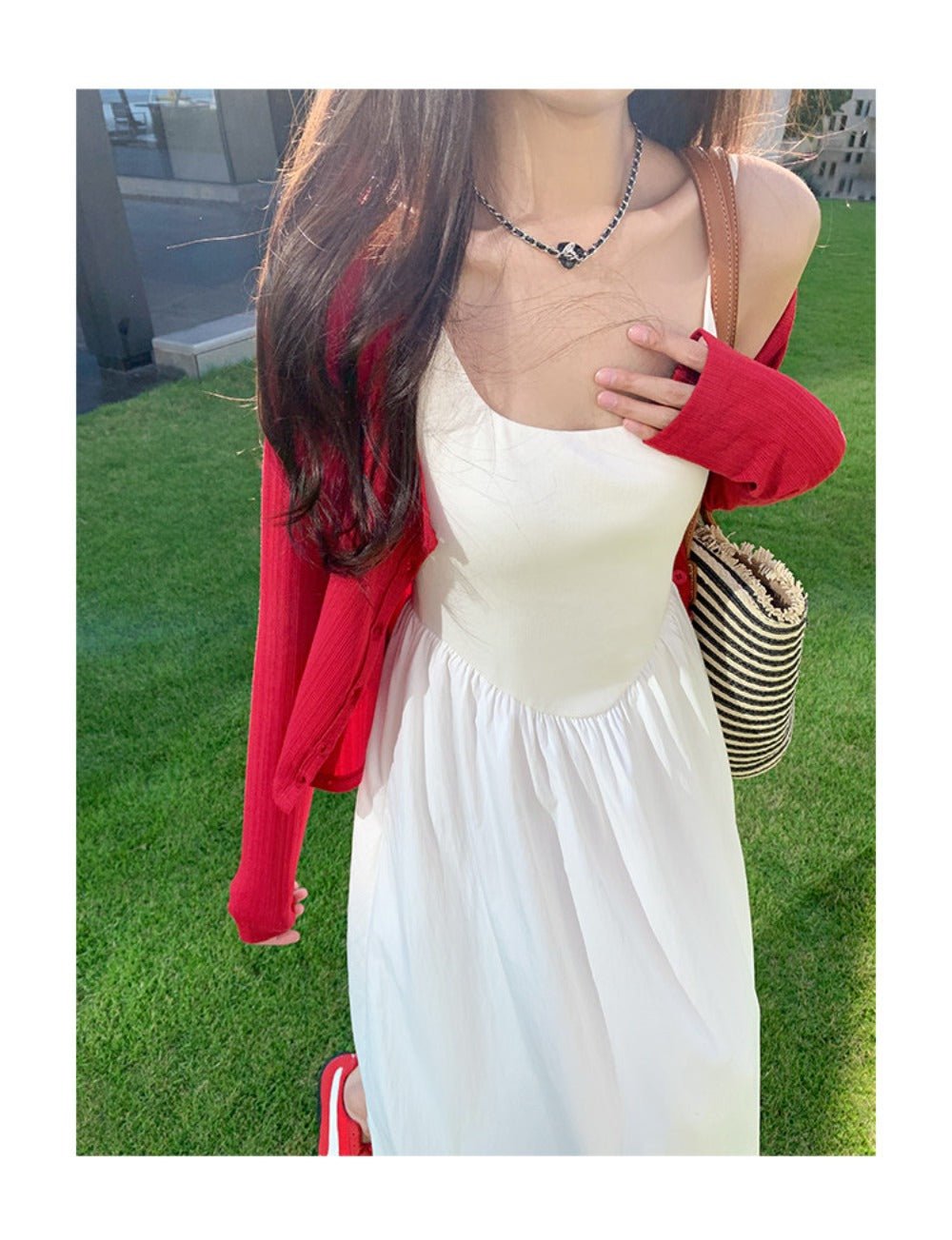 White/Black Spaghetti Strap Round Neck High Waist A - Line Maxi Dress - EveningVerse - 6