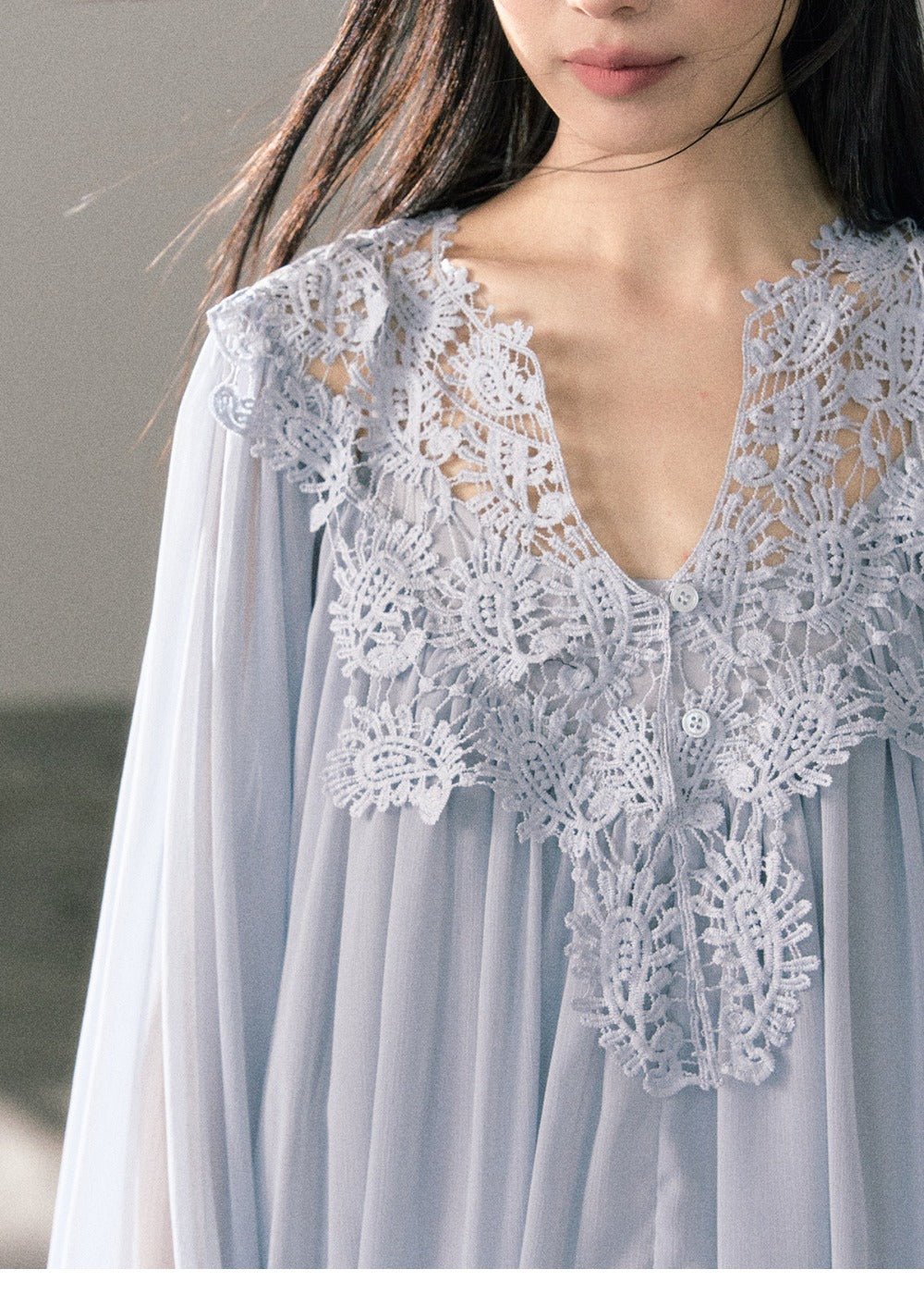 White/Blue Lace V Neck Lantern Sleeve Loose Boho Blouse Top - EveningVerse - 2