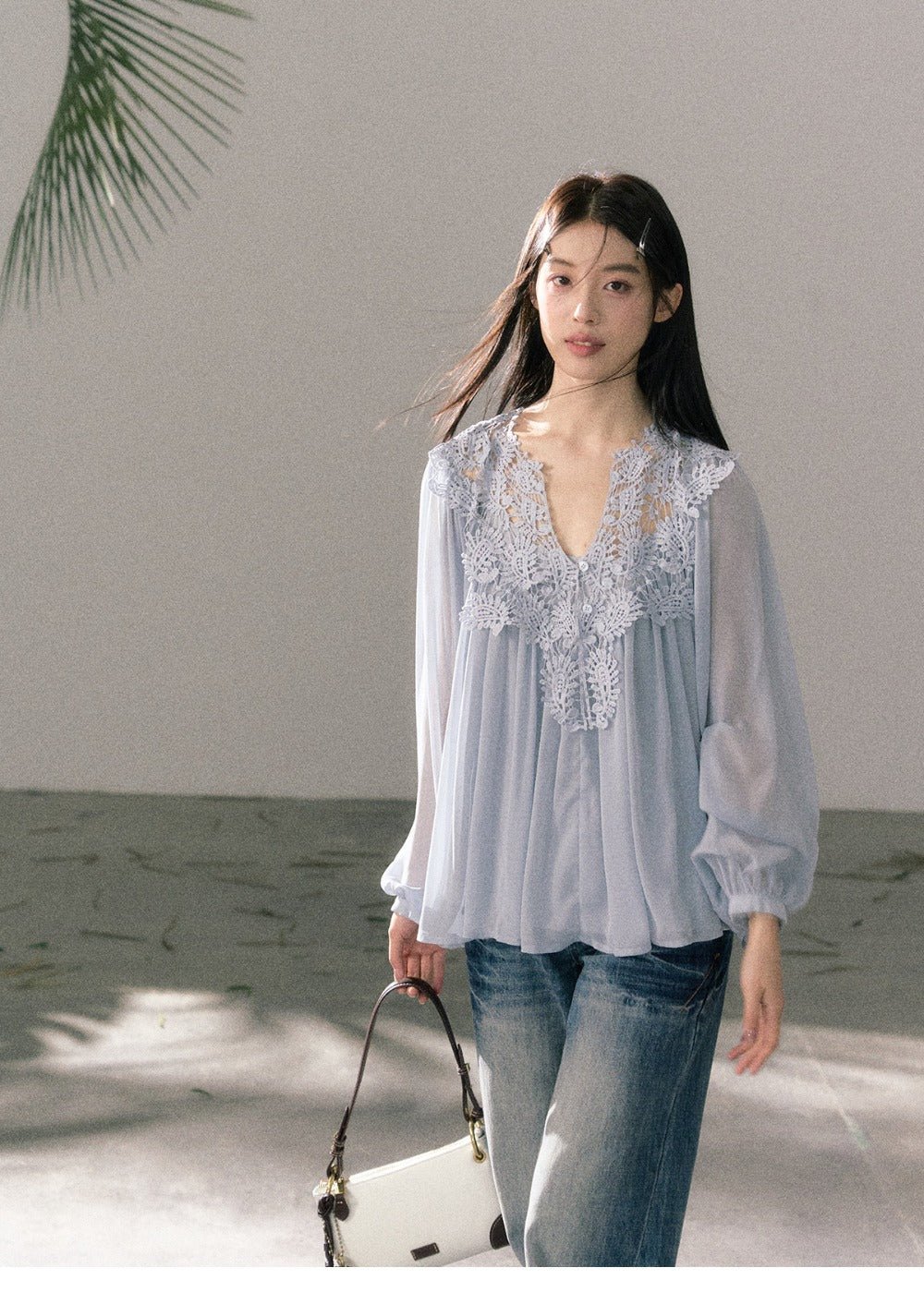 White/Blue Lace V Neck Lantern Sleeve Loose Boho Blouse Top - EveningVerse - 11