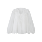 White/Blue Lace V Neck Lantern Sleeve Loose Boho Blouse Top - EveningVerse - 13