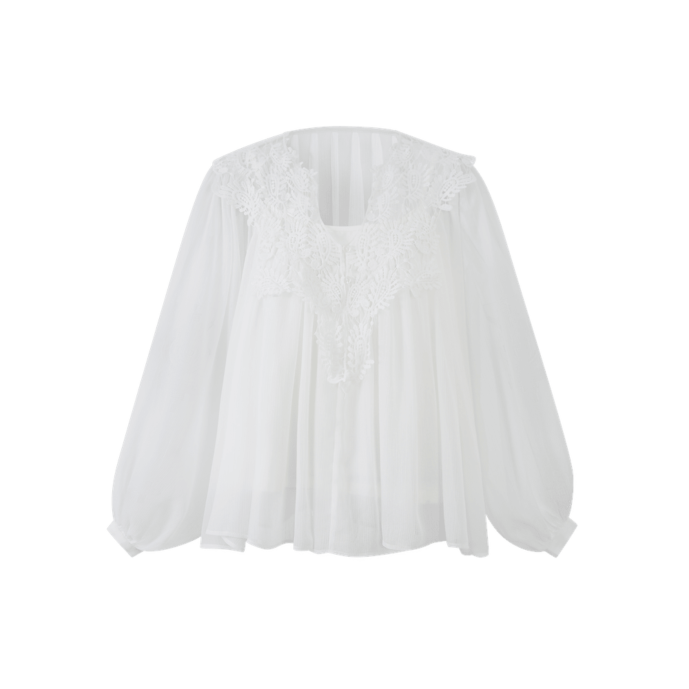 White/Blue Lace V Neck Lantern Sleeve Loose Boho Blouse Top - EveningVerse - 13