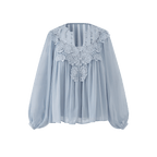 White/Blue Lace V Neck Lantern Sleeve Loose Boho Blouse Top - EveningVerse - 12