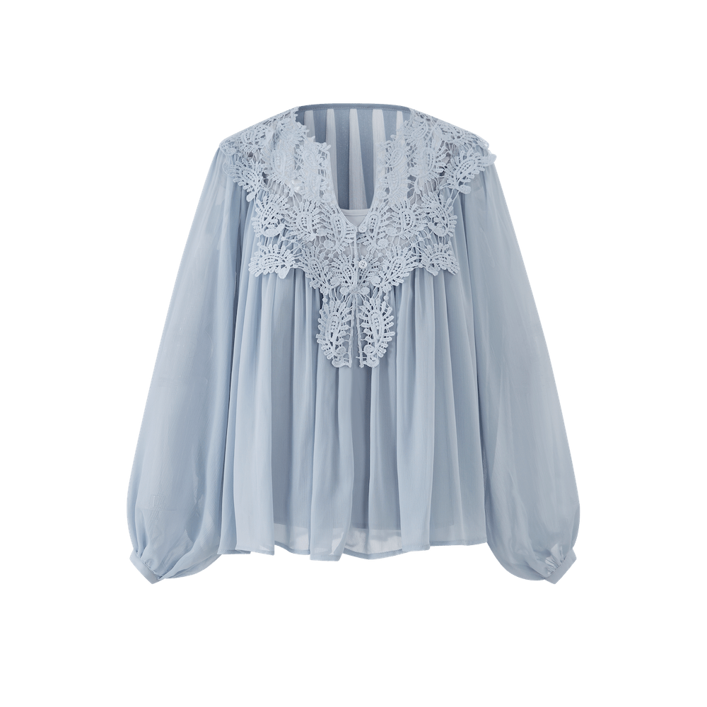 White/Blue Lace V Neck Lantern Sleeve Loose Boho Blouse Top - EveningVerse - 12