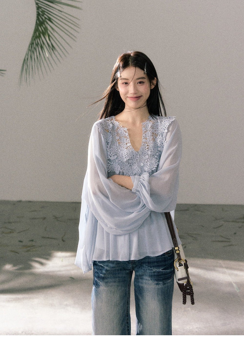 White/Blue Lace V Neck Lantern Sleeve Loose Boho Blouse Top - EveningVerse - 10