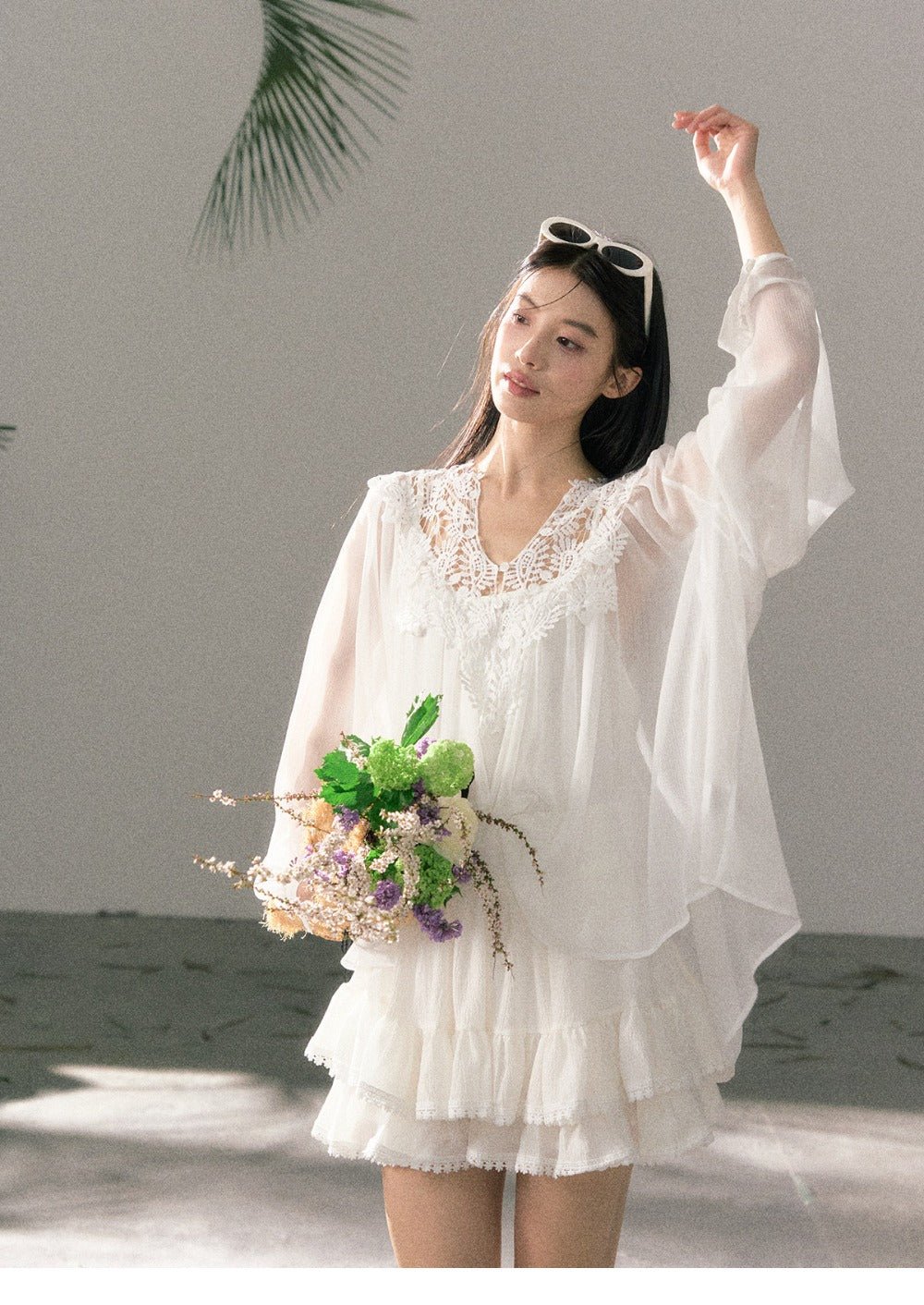White/Blue Lace V Neck Lantern Sleeve Loose Boho Blouse Top - EveningVerse - 7