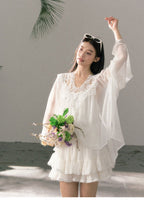 White/Blue Lace V Neck Lantern Sleeve Loose Boho Blouse Top - EveningVerse - 7