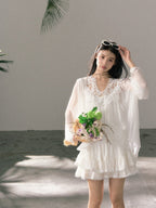 White/Blue Lace V Neck Lantern Sleeve Loose Boho Blouse Top - EveningVerse - 3