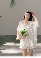 White/Blue Lace V Neck Lantern Sleeve Loose Boho Blouse Top - EveningVerse - 9