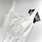 White/Gold Square Neck Satin Spaghetti Strap Maxi Dress - EveningVerse - 7