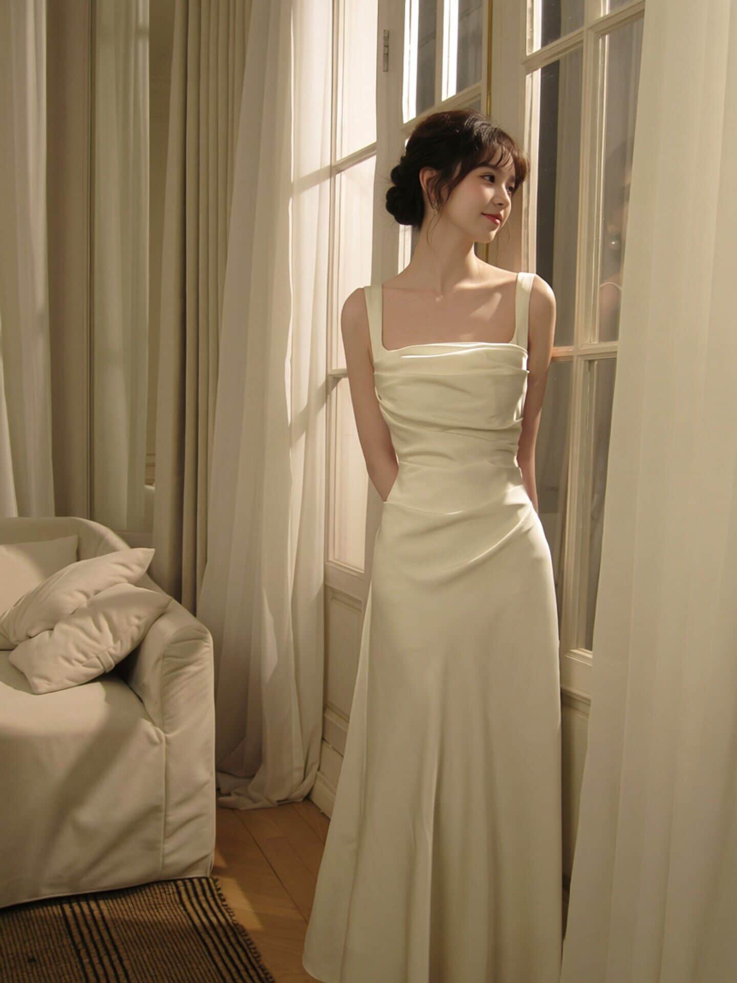White/Gold Square Neck Satin Spaghetti Strap Maxi Dress Secondary image