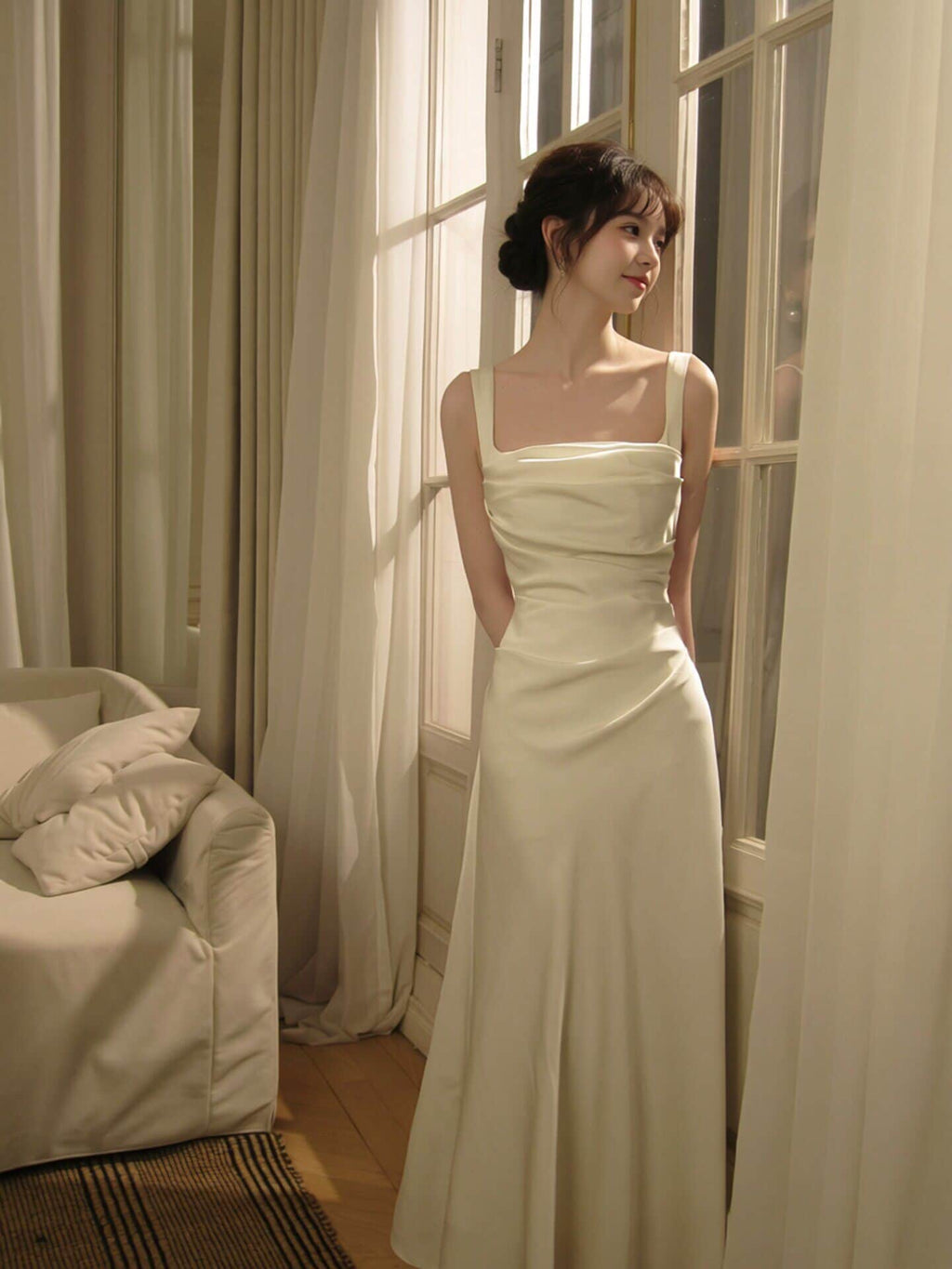 White/Gold Square Neck Satin Spaghetti Strap Maxi Dress - EveningVerse - 2