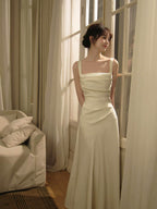 White/Gold Square Neck Satin Spaghetti Strap Maxi Dress - EveningVerse - 2