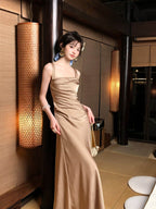 White/Gold Square Neck Satin Spaghetti Strap Maxi Dress - EveningVerse - 3