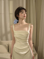 White/Gold Square Neck Satin Spaghetti Strap Maxi Dress - EveningVerse - 5