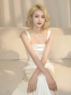 White/Gold Square Neck Satin Spaghetti Strap Maxi Dress - EveningVerse - 1